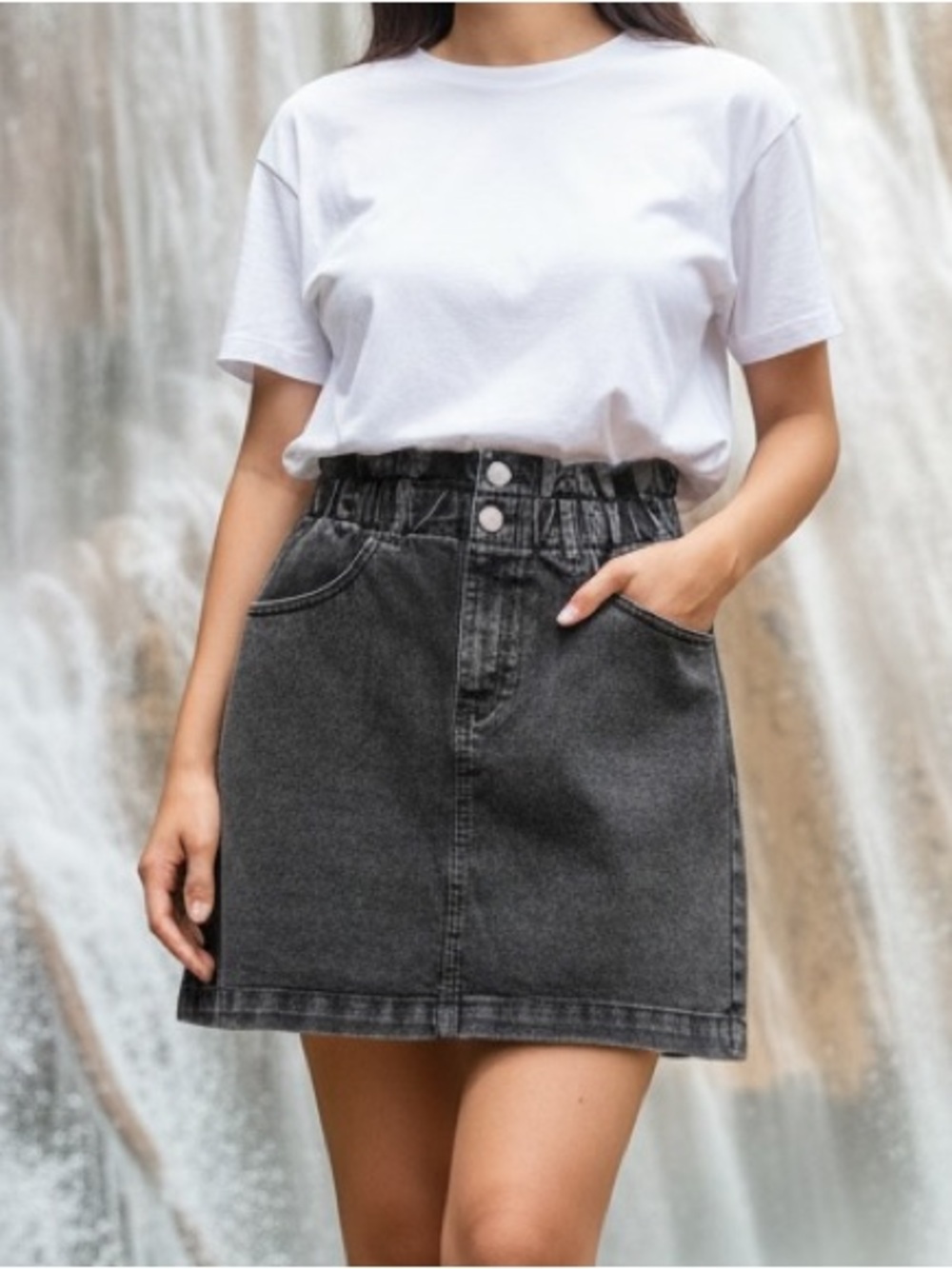 Dynamite Black Paperbag Waist Denim Mini Skirt